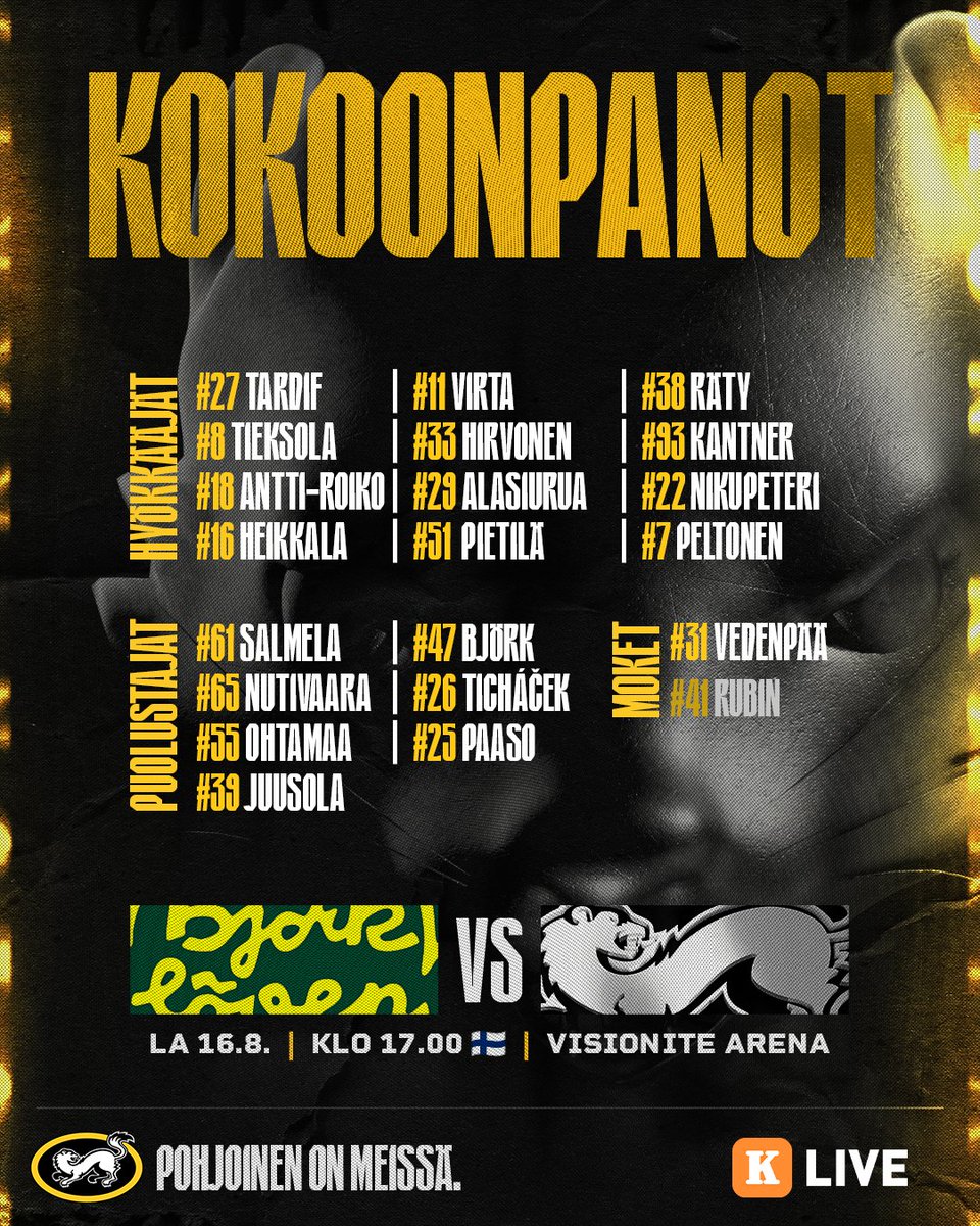 Kotijoukkueen haastoon tällä kokoonpanolla! 🏒 Livelähetyksen löydät KalevaLivestä 💪🏻💛🖤

🆚 IF Björklöven
⏰ 16.8. klo 17:00 🇫🇮
📍Visionite Arena
📺 KalevaLive

#Kärpät #Liiga