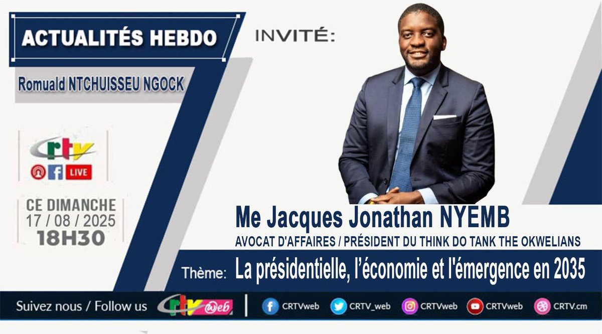 #Medias🎙️| Présidentielle 2025, transformation économique, vision 2035… Me <a href="/JJNYEMB/">J. Jonathan NYEMB</a>, Président du Think Do Tank The Okwelians, remet la société civile au cœur des enjeux de la transformation durable du #Cameroun.

📺 Il est l’invité de l’émission Actualités Hebdo ce dimanche ✨