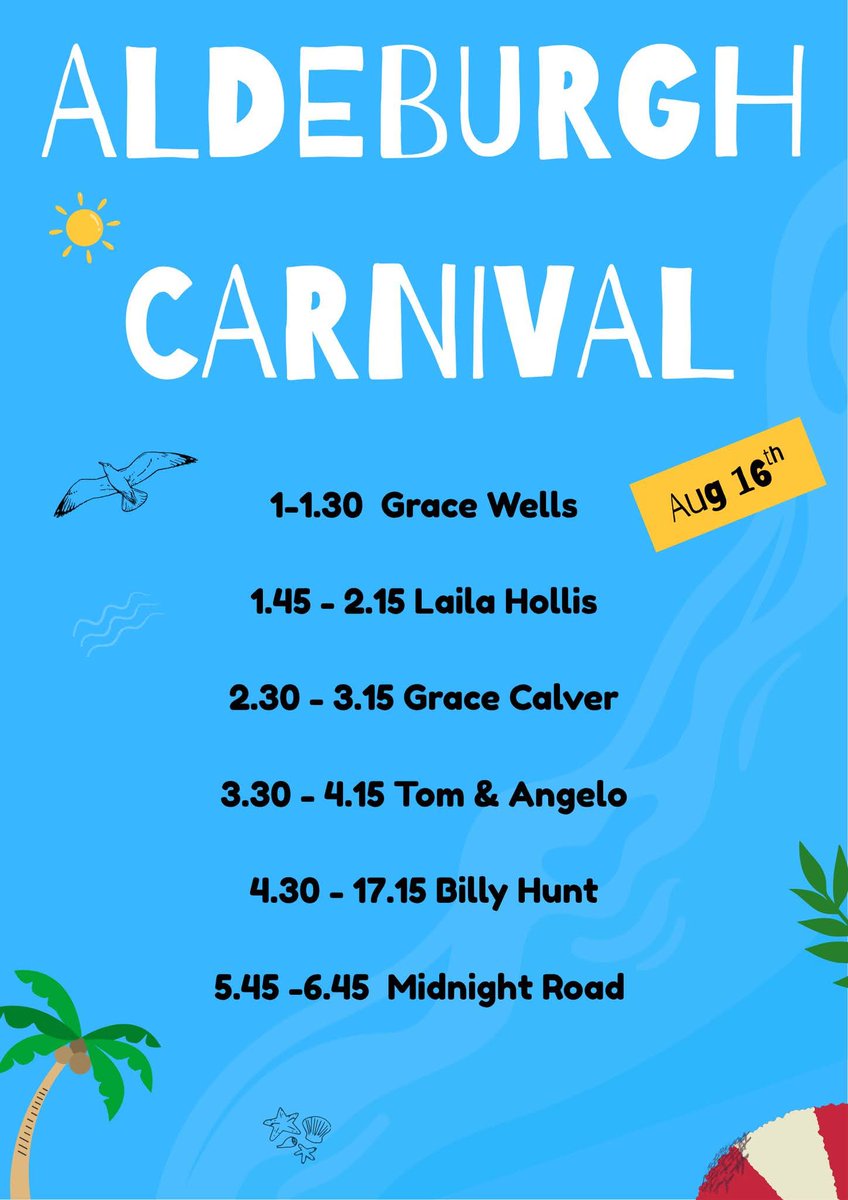 🎶🎸🎼 MUSIC DAY 🎼🎸🎶

1-7PM outside the Moot Hall! 

There's something for everyone so come down and enjoy some talented musicians 

By Spotlight Presents 

#AldeburghCarnival