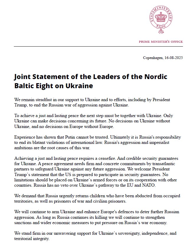 Joint Statement of the Leaders of the Nordic Baltic Eight on Ukraine
stm.dk/statsministeri…