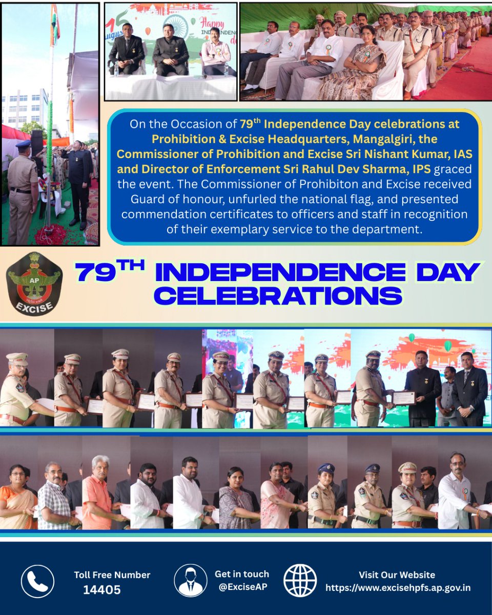 🇮🇳 Celebrating the 79th Independence Day at Prohibition &amp; Excise HQ, Mangalgiri.
Commissioner Sri Nishant Kumar, IAS &amp; Director of Enforcement Sri Rahul Dev Sharma, IPS graced the occasion.

#IndependenceDay #IndiaAt79 #ProhibitionAndExcise #DutyAndHonor