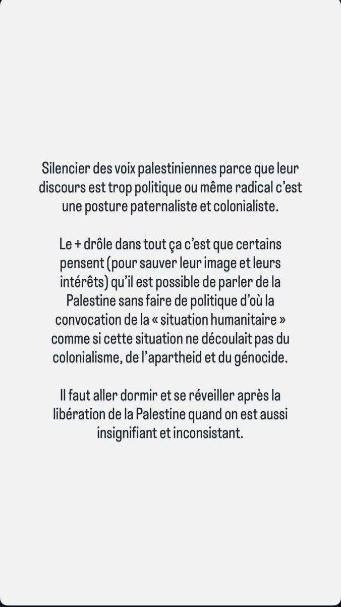 Rima Hassan (sur insta) tjrs juste pour soutenir son peuple et dénoncer les hypocrites bon qu’à parler de « cause humanitaire » ayant peur de la dimension politique qui structure le genocide fait aux Palestiniens  

(+on en apprend sur Nesrine Slaoui &amp;le concert de Tif)