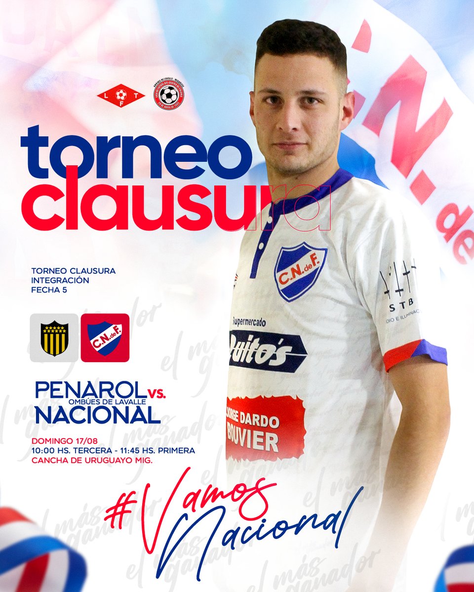 FECHA 5 #CLAUSURA #Integracion 

🆚 Peñarol Ombúes de Lavalle
⏰ 10:00 HS. Tercera
⏰ 11:45 HS. Primera
🏟️ Cancha de Uruguayo Miguelete

#VamosNacional 🔵⚪🔴