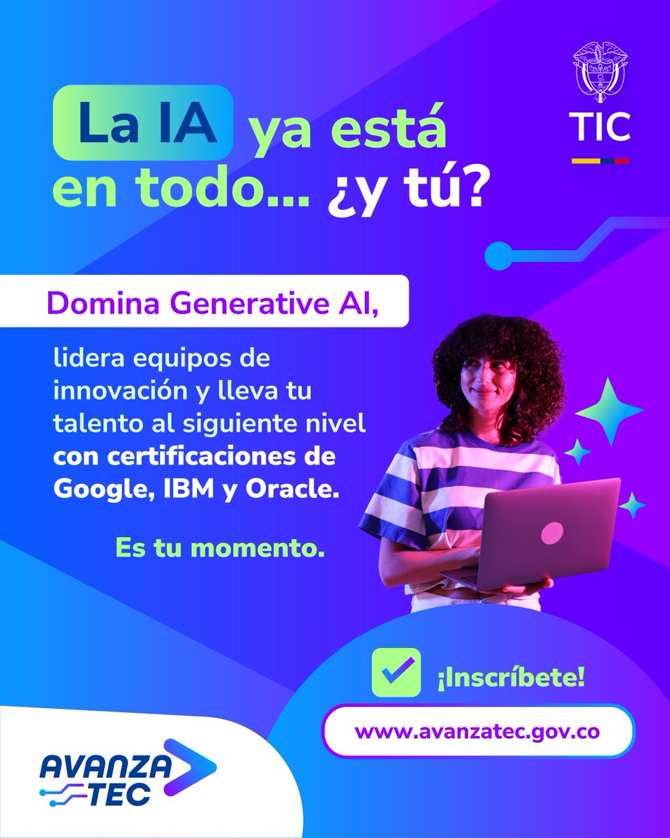 @Transforma_Dig (@transforma_dig) on Twitter photo Prepárate para liderar el futuro con IA y certificaciones globales 🌍.
Con AvanzaTEC del <a href="/Ministerio_TIC/">Ministerio TIC</a>, te formas gratis y llevas tu perfil al siguiente nivel.
⏳ Cierre de inscripciones: 15 de septiembre
👉 avanzatec.gov.co Prepárate para liderar el futuro con IA y certificaciones globales 🌍.
Con AvanzaTEC del <a href="/Ministerio_TIC/">Ministerio TIC</a>, te formas gratis y llevas tu perfil al siguiente nivel.
⏳ Cierre de inscripciones: 15 de septiembre
👉 avanzatec.gov.co