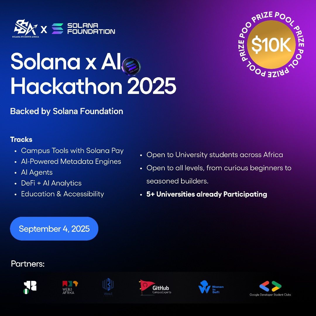 Web3 Afrika | web3afrika.eth (@web3afrika) on Twitter photo First university to go live with the Solana Students Africa Hackathon <a href="/SolanaStudentAf/">Solana Students Africa</a>?
None other than University of Lagos—yes, you guessed right! 🙌🏾
Sept 4 is when the Solana x AI Hackathon 2025 kicks off right on Unilag campus with a $10,000 prize pool, hybrid format, and First university to go live with the Solana Students Africa Hackathon <a href="/SolanaStudentAf/">Solana Students Africa</a>?
None other than University of Lagos—yes, you guessed right! 🙌🏾
Sept 4 is when the Solana x AI Hackathon 2025 kicks off right on Unilag campus with a $10,000 prize pool, hybrid format, and
