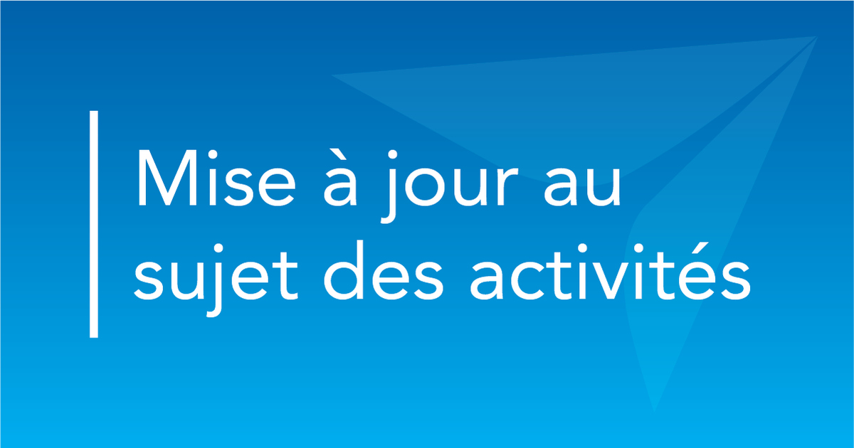 Les vols d’Air Canada sont suspendus à cause du conflit de travail. Les vols Jazz ne sont pas touchés. Les voyageurs pourraient assister à une manifestation des agents de bord à YEG aujourd’hui. L’aérogare est ouvert, mais prévoyez plus de temps pour éviter les retards éventuels.