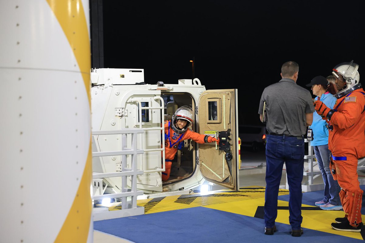 NASA_Marshall's tweet photo. From suit-up to liftoff, the Artemis II crew is getting mission-ready!

This week at @NASAKennedy, they trained for night launch ops and emergency pad evacuations.

Launch prep continues for early 2026 >>https://t.co/C2CBkhUFXG https://t.co/L82poWiSot