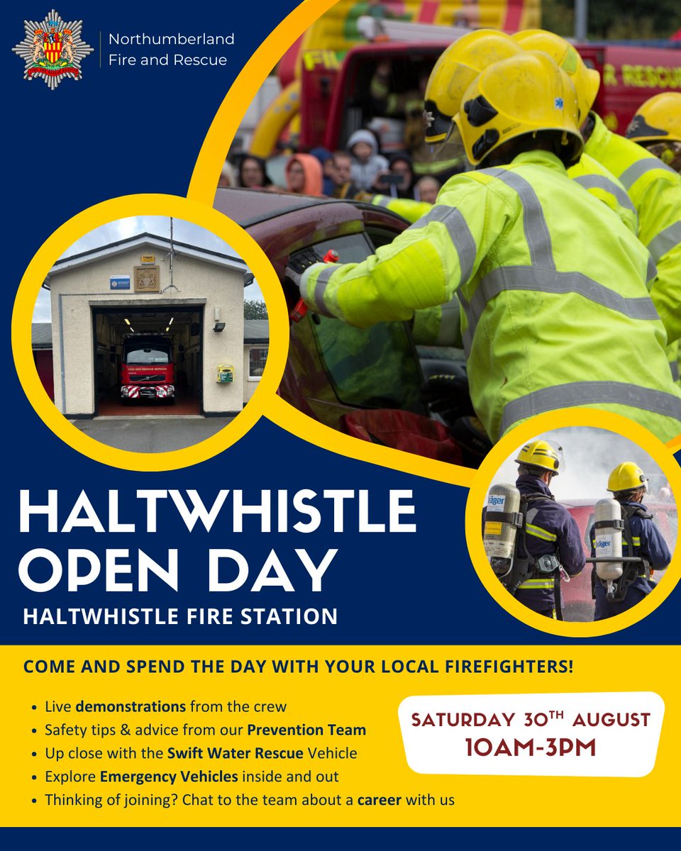 🚒 Haltwhistle Fire Station Open Day 🚒

📅 Saturday 30th August
🕙 10:00 AM – 3:00 PM

Bring the family, learn about fire safety, and see the vital work we do for our community.
We look forward to seeing you there!