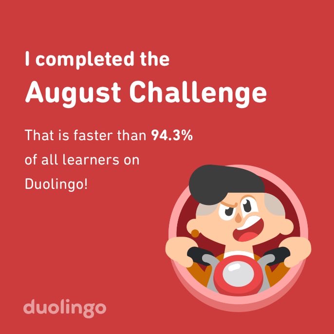 4_dianab's tweet photo. I completed the August challenge faster than 94.3% of all learners on Duolingo! https://t.co/bXGmzT8lHj