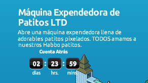 ⏳ ¡La cuenta atrás de la Máquina Expendedora de Patitos LTD ya está visible en la vista del hotel de <a href="/ESHabbo/">Habbo ES/MX</a>! 🐥

¡Su lanzamiento será este 19 de agosto! 🎯

👉 Descubre todos los detalles en nuestra noticia: habtium.es/news/19698