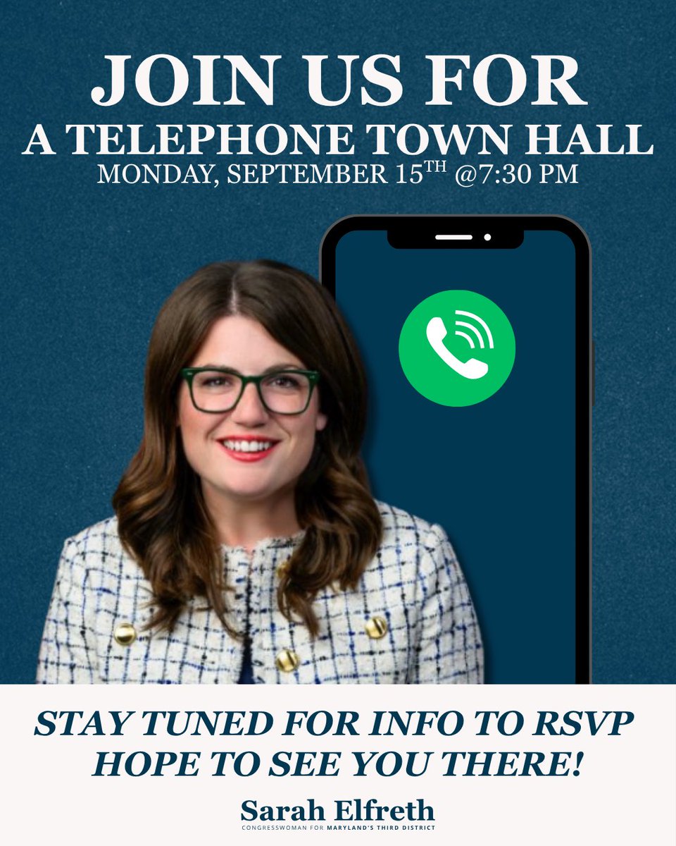 Congresswoman Sarah Elfreth (@repsarahelfreth) on Twitter photo Our next telephone town hall is coming up on Monday, September 15th at 7:30 PM. Talk soon and RSVP at the link below ☎️
On deck: An in-person October Town Hall with <a href="/MDComptroller/">Comptroller of Maryland Brooke Lierman</a> & <a href="/OAGMaryland/">Anthony G. Brown</a>. Our next telephone town hall is coming up on Monday, September 15th at 7:30 PM. Talk soon and RSVP at the link below ☎️
On deck: An in-person October Town Hall with <a href="/MDComptroller/">Comptroller of Maryland Brooke Lierman</a> & <a href="/OAGMaryland/">Anthony G. Brown</a>.