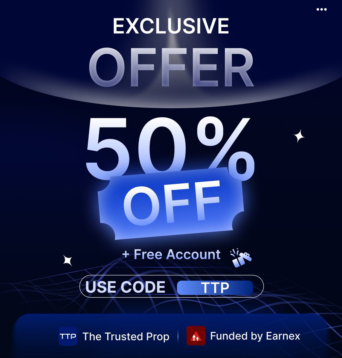 TheTrustedProp's tweet photo. 🔥💰 Exclusive Earnex Offer!

⚡ Get 50% OFF + 🎁 a FREE account of the same size upon passing

👉 Use code TTP at checkout ✅ https://t.co/jP38kkAJs2