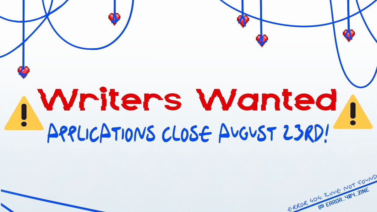 ⚠️ ❕ WRITERS WANTED!❕ ⚠️ 

Calling all writers! If you're a writer ,or know a writer, who would be interested in participating in our zine and have a love for Error put in an application!

Applications have been extended up to Aug 23rd!

Writer: forms.gle/62HqkvMoB6M9W2…