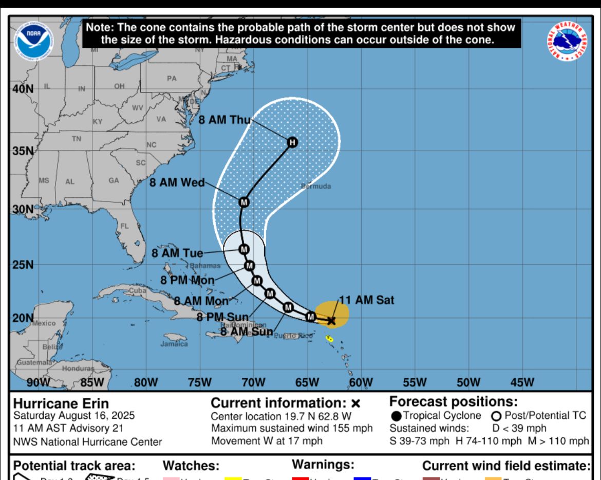 HollySanchezSFM's tweet image. La trayectoria levemente reajustada más hacia el Oeste. #Erin 
#HuracanErin