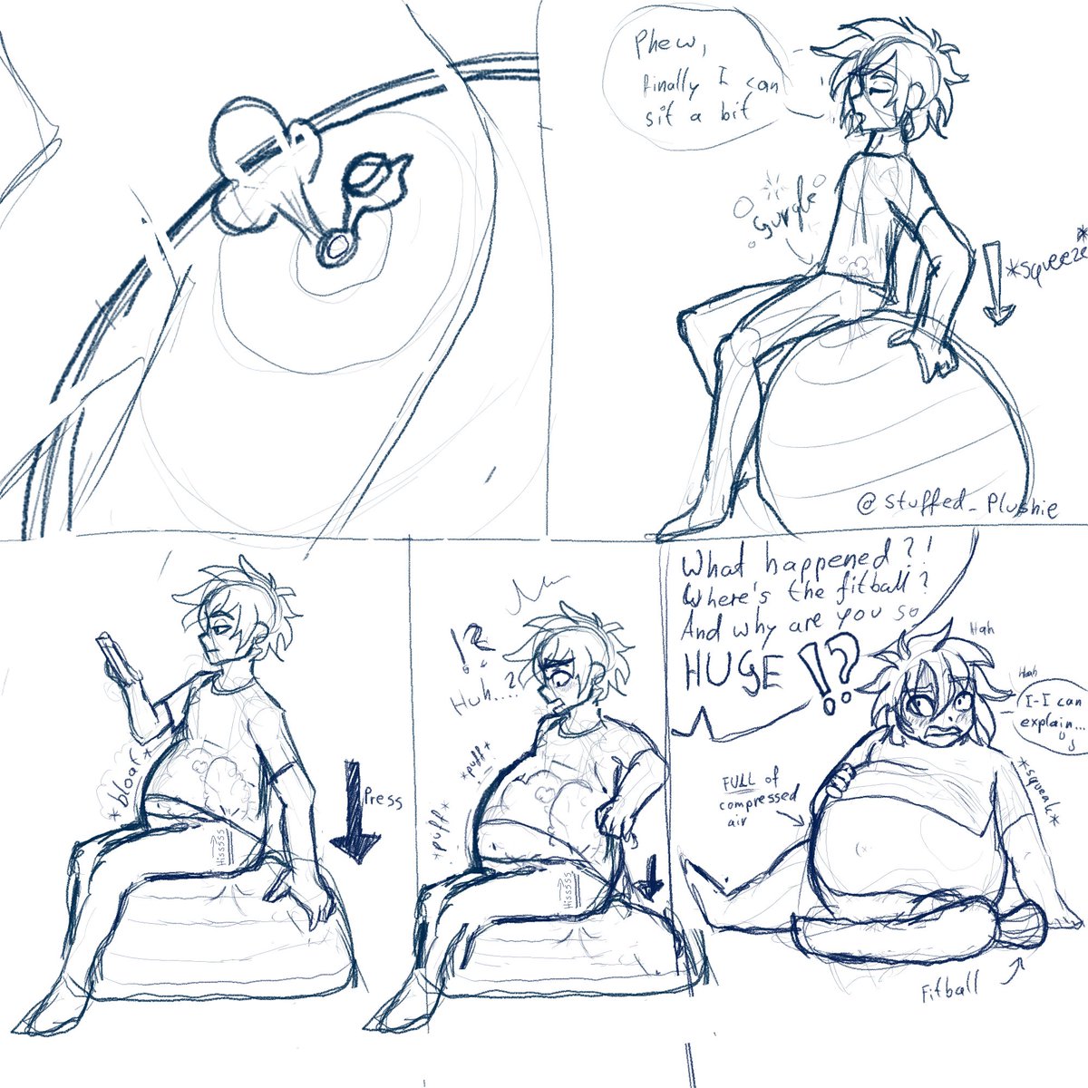 You are what you eat. Or... Accidentally let rush into your body. Looks like Rowan became the new fitball! 🎈🏀 Good thing the fitball wasn't even bigger, or else he might have popped!
#inflation #kink #belly #nsfw #art #sketch #comic