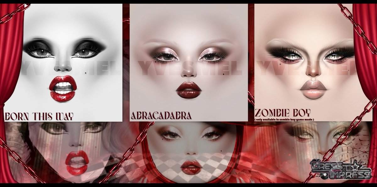 Here are the faces I made for the Lady Gaga x DTI collab! I'm so honored to have been part of this project, and I hope you all like them as much as I do

🖤Born This Way - available in the main game 

🪄Abracadabra - available in the main game

🧟‍♀️ZombieBoy - zombie game mode