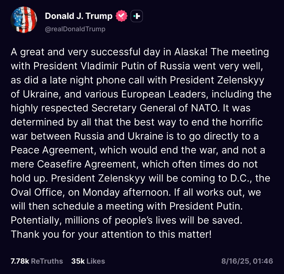 🗒️ Tóm tắt: Tổng thống Trump nói cuộc gặp với Tổng thống Putin cùng cuộc gọi với Tổng thống Zelenskyy và các lãnh đạo châu Âu đã diễn ra rất thành công, tất cả đều thống nhất hướng tới một Thỏa thuận Hòa bình để chấm dứt chiến tranh Nga – Ukraine.
