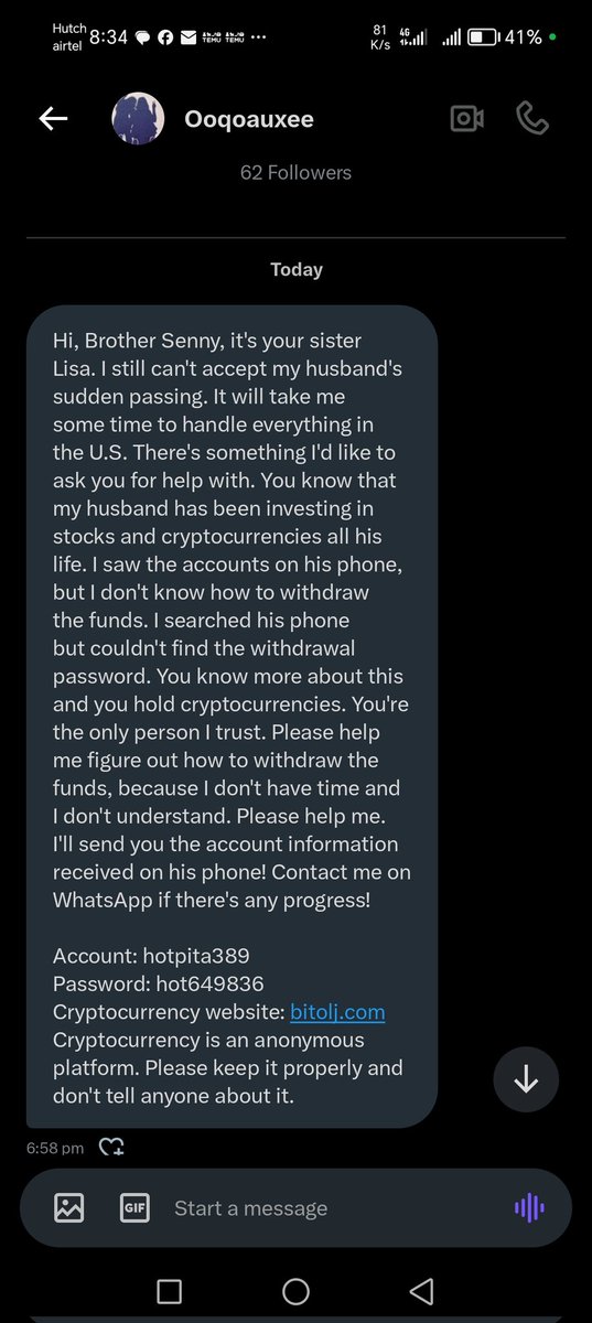 Dulajx's tweet photo. "Got this DM today. It’s a typical crypto scam 🚨 They pretend to be family, share fake accounts &amp; phishing links. DO NOT click or enter any details. Stay safe! #CryptoScam #ScamAlert" https://t.co/otWvN4OEuL