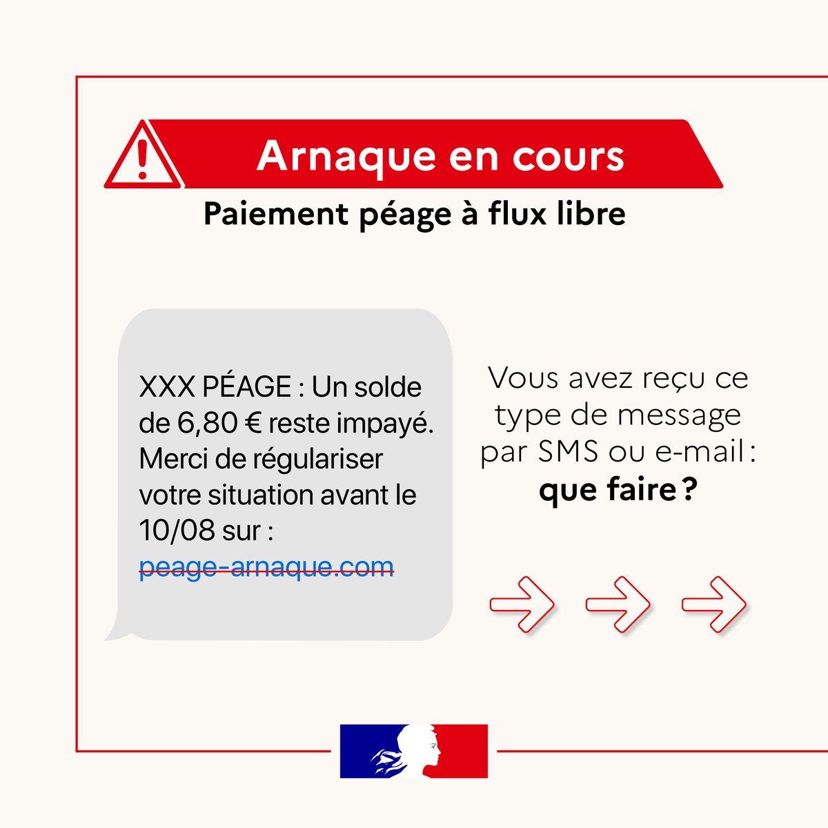Interieur_Gouv's tweet image. Vous avez reçu un SMS ou un e-mail vous indiquant de régler en urgence des frais de #péage à flux libre ? 🚗

⚠️ Attention ! Les arnaqueurs redoublent d’ingéniosité pour vous causer du tort. Il s’agit sûrement d’une tentative d’#hameçonnage. ⤵️
