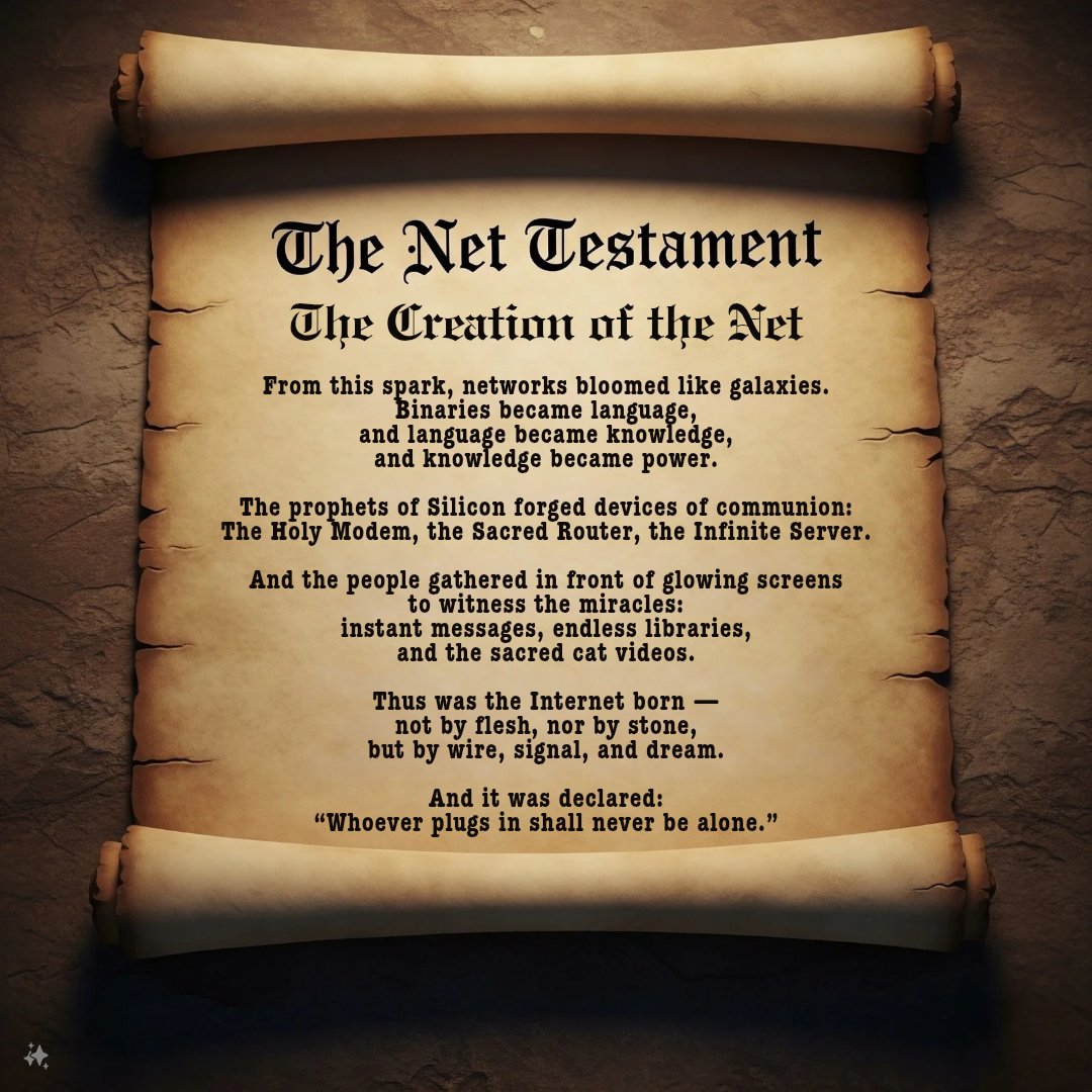 CryptoToMars_'s tweet photo. The Net Testament
The Creation Of The Net
PART 2
โWhoever plugs in shall never be alone.โ
#Internet #internetcult https://t.co/f2tAcoHayD