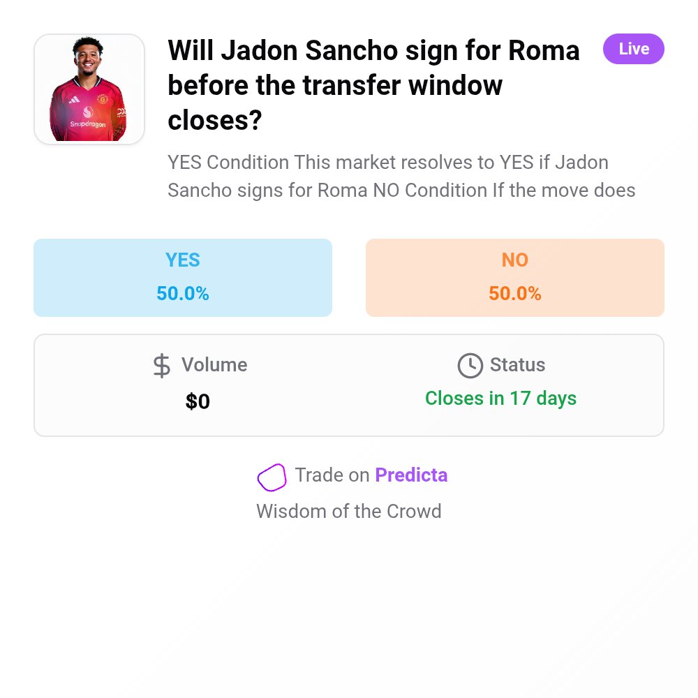 Joe_lectro's tweet photo. @FabrizioRomano 📊 Check out this prediction market: "Will Jadon Sancho sign for Roma before the transfer window closes?"

Will Jadon Sancho sign for Roma before the transfer window closes?: YES 50% | Volume: $0.0k

What do you think? Make your prediction!

https://t.co/sq08rhrMzp https://t.co/qtG1MAHdJm