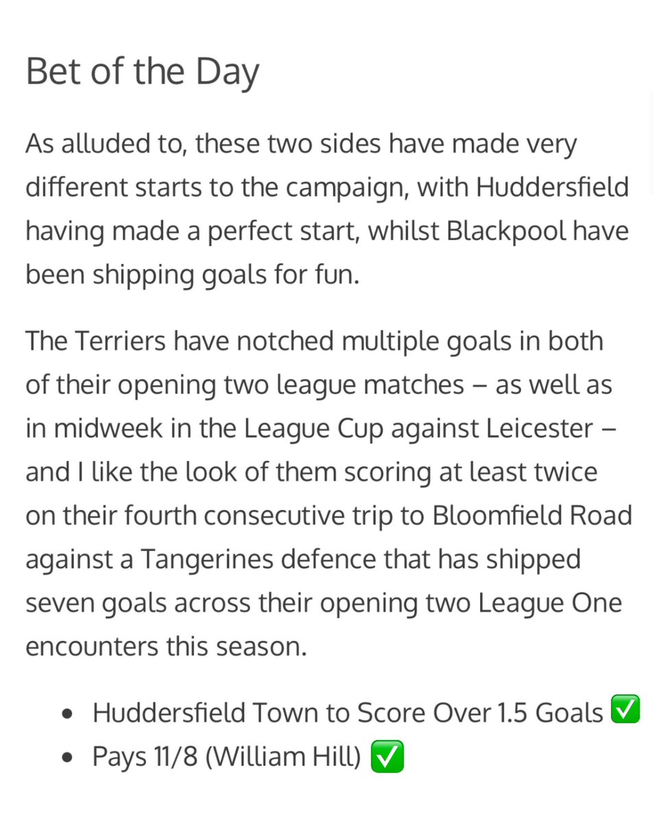 🔵 Blackpool vs Huddersfield Town – Huddersfield Town to Score Over 1.5 Goals (3-2 ⚽️, 31 mins)
🔵 Pays 11/8 ✅

Huddersfield score twice inside 31 minutes to return us to winning ways to make it four winners from the past five 👌🏼💷