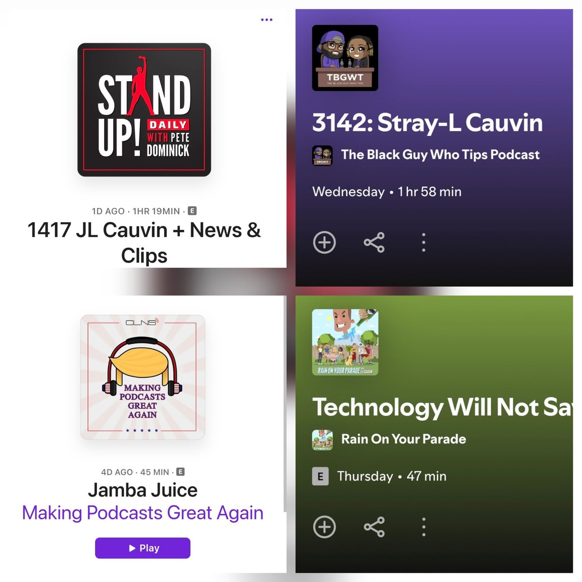 J-L Cauvin - Bellmore, NY 5/2 (@jlcauvin) on Twitter photo To promote my new special "Trump vs Canada" (link in bio), I had some really great appearances on Stand Up with Pete and The Black Guy Who Tips. And as always my two weekly pods should be in your rotation. Check em all out this weekend! Total cost: $0.00 (including the special) To promote my new special "Trump vs Canada" (link in bio), I had some really great appearances on Stand Up with Pete and The Black Guy Who Tips. And as always my two weekly pods should be in your rotation. Check em all out this weekend! Total cost: $0.00 (including the special)