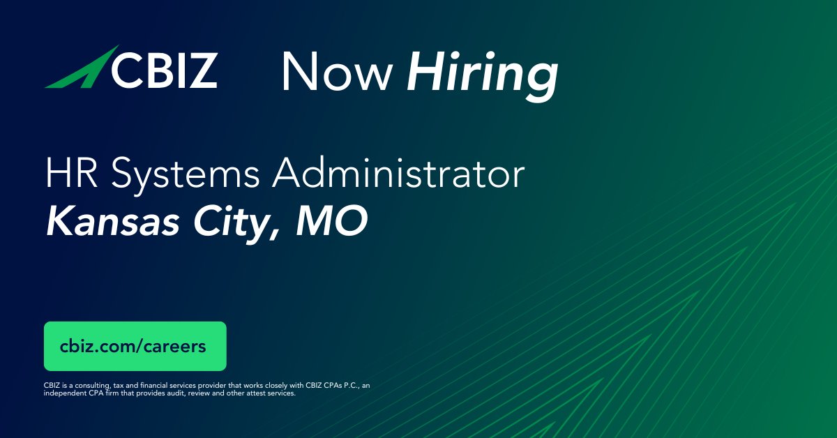CBIZ Careers (@cbizcareers) on Twitter photo .<a href="/cbz/">CBIZ</a> is hiring an HR Systems Administrator to join our team in KC! This is a great opportunity for a professional with experience in HRIS and Oracle HCM Cloud to provide technical support & help us improve our HR processes. Apply here: okt.to/JMRstT #Hiring #JobOpening .<a href="/cbz/">CBIZ</a> is hiring an HR Systems Administrator to join our team in KC! This is a great opportunity for a professional with experience in HRIS and Oracle HCM Cloud to provide technical support & help us improve our HR processes. Apply here: okt.to/JMRstT #Hiring #JobOpening