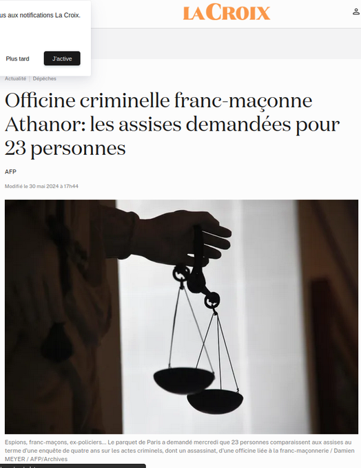 Casimir_Noir's tweet image. Le nombre de personnes renvoyées devant la cour d'assise spéciale dans l'affaire #athanor est passé de 23 à 22.
la-croix.com/officine-crimi…