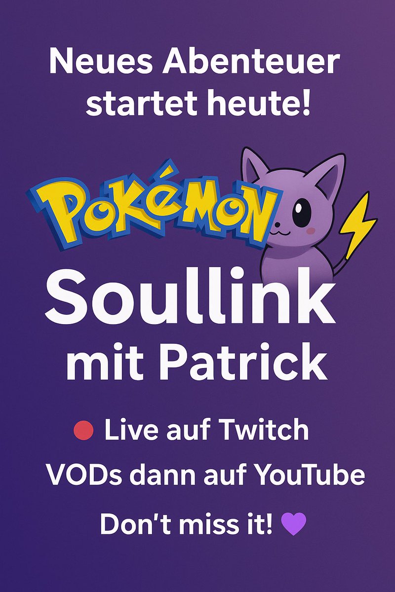 Heute Abend geht’s los! 🎮✨
Neues Pokémon-Abenteuer im Soullink mit Patrick 🐱⚡
👉 Live auf Twitch, VODs später auf YouTube!

#Pokemon #Soullink #Twitch