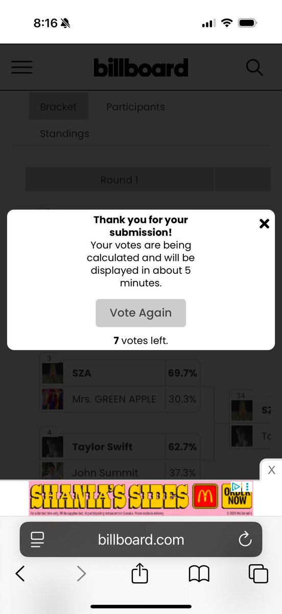 Van_AlDub's tweet photo. Very annoying.. time check 0811 am Vancouver. This billboard page sucks.. it allowed me to vote one time only .. the vote numbers provided to me was 7.. then these annoying messages appeared 🫣😩😒 @SB19Official  @1zentertainment 
#BBFanArmy2025 #SB19 

@billboard https://t.co/HOd6wwSirY