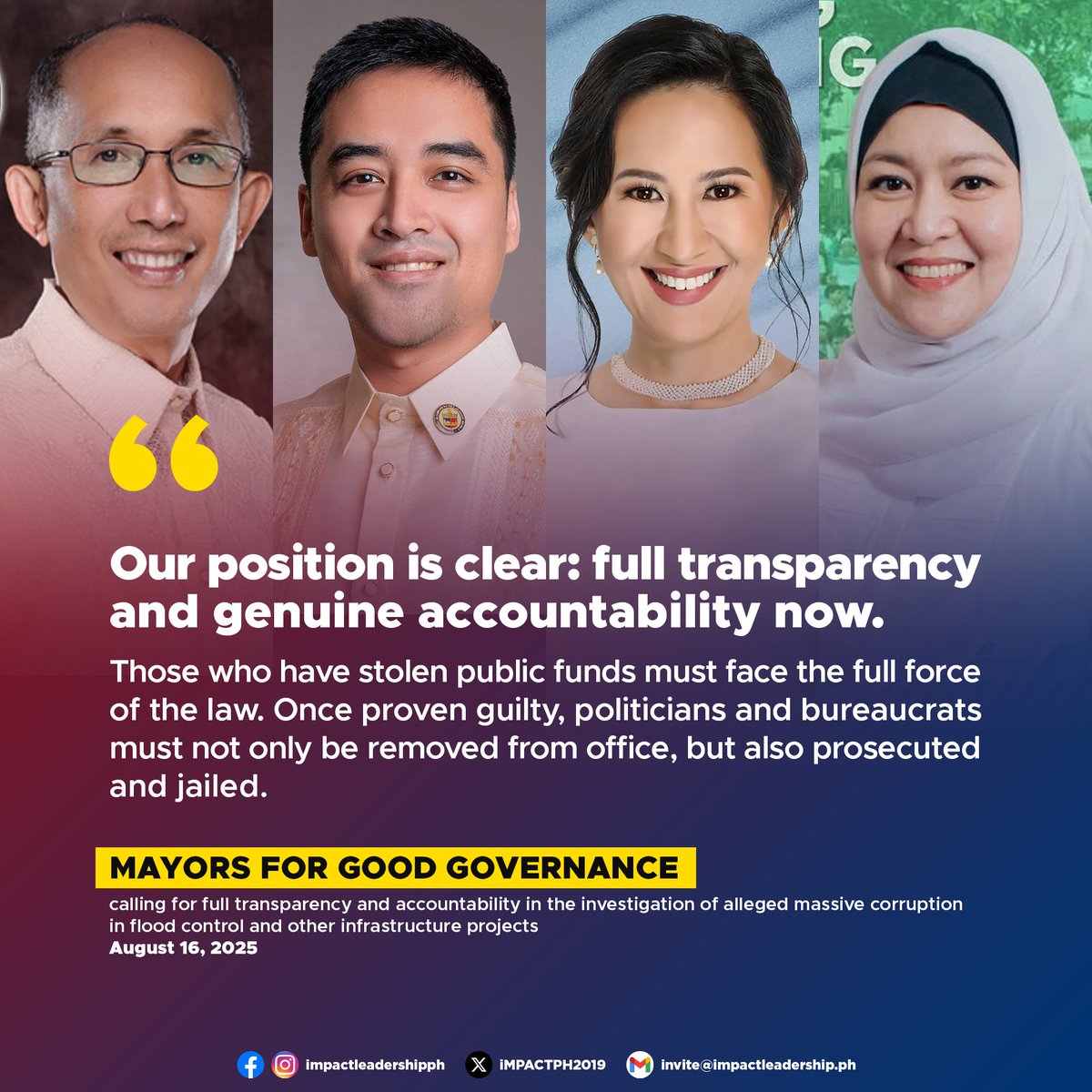MAYORS FOR GOOD GOVERNANCE DEMAND FULL TRANSPARENCY, ACCOUNTABILITY, AND JUSTICE ON FLOOD CONTROL PROJECTS

Mayors for Good Governance called for full transparency and accountability in the investigation of alleged massive corruption in flood control and other infrastructure