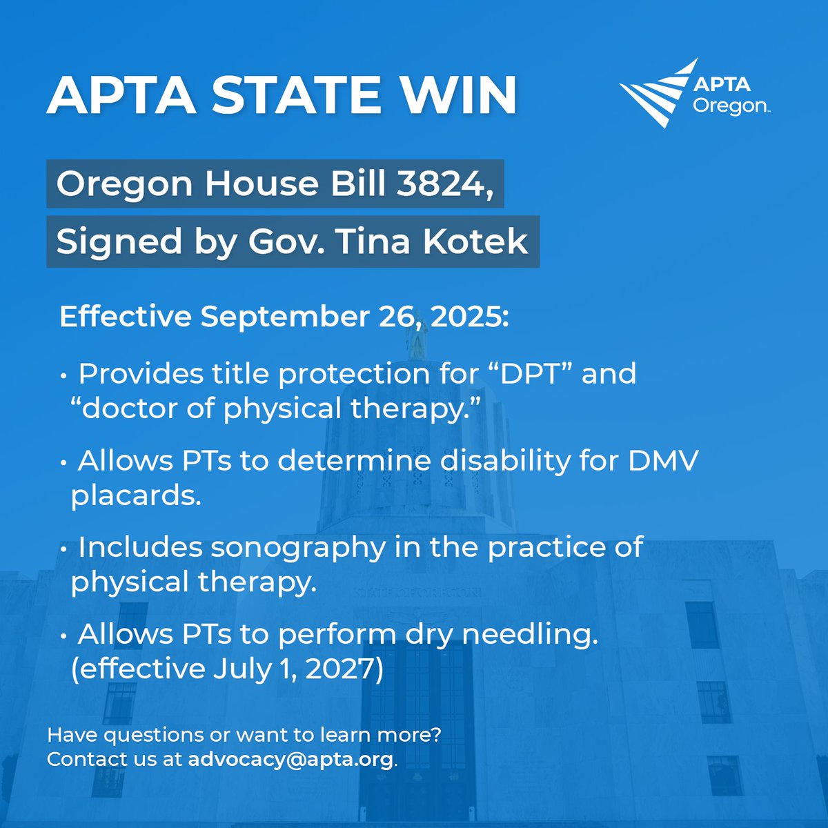 Big wins for the profession in Oregon! 

<a href="/GovTinaKotek/">Governor Tina Kotek</a> has signed HB 3824, ensuring title protection for DPT and updating the scope of practice for PTs to include dry needling and use of sonography.

Congratulations to <a href="/apta_oregon/">APTAOregon</a> on your #PTAdvocacy win.