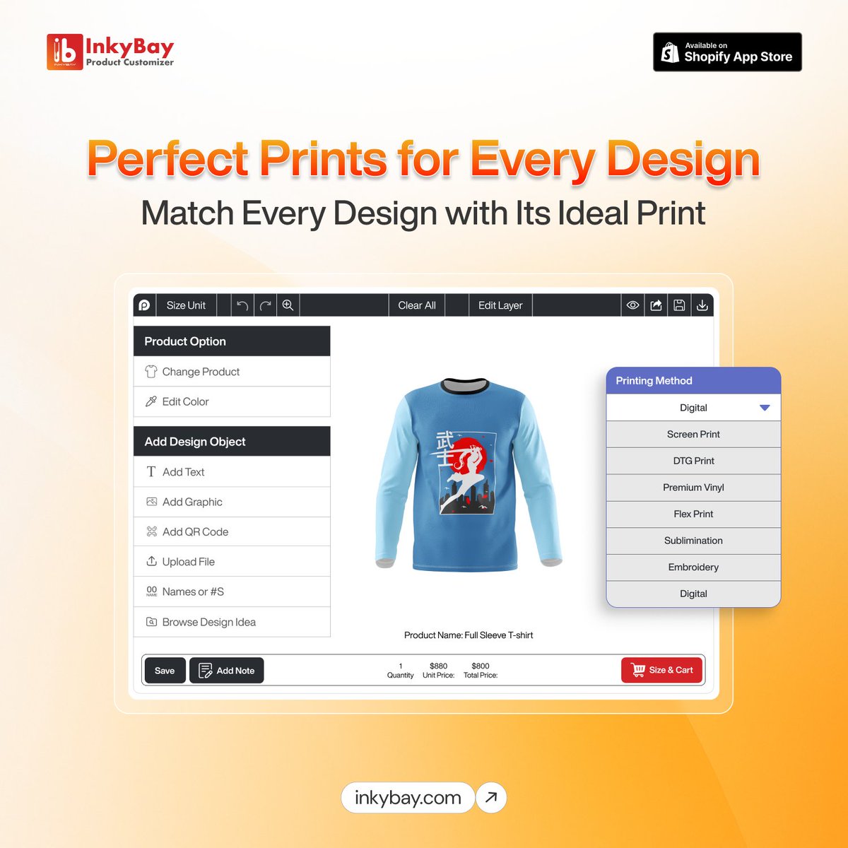 Your Store, Your Rules: Offer Print Options

With InkyBay’s Printing Type feature, you can offer your customers a full list of print options, from DTG to Screen Print, Sublimation, and more!

✅ Let customers choose how their design comes to life
✅ Boost conversion with flexible