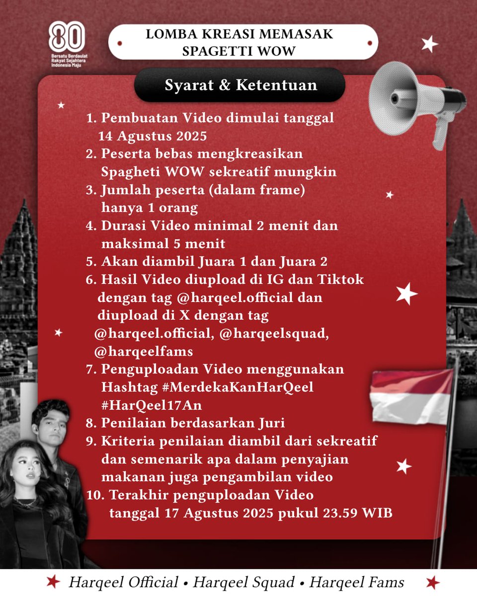 harqeelofficial's tweet photo. Hallo Namaste Team 🫡

Antusiasme peserta lomba Harqeel Merdeka 🇮🇩 seperti nya baru mengalami lonjakan hari ini. 

📩 : Min tambah waktunya dong 🥹

Okee kita akan perpanjang waktu pelaksanaan lomba jadi 👇

🗓️ Until 20 Agustus 2025 

Don't forget Hashtag #️⃣

#HARQEEL17AN
#MERDEKAKANHARQEEL