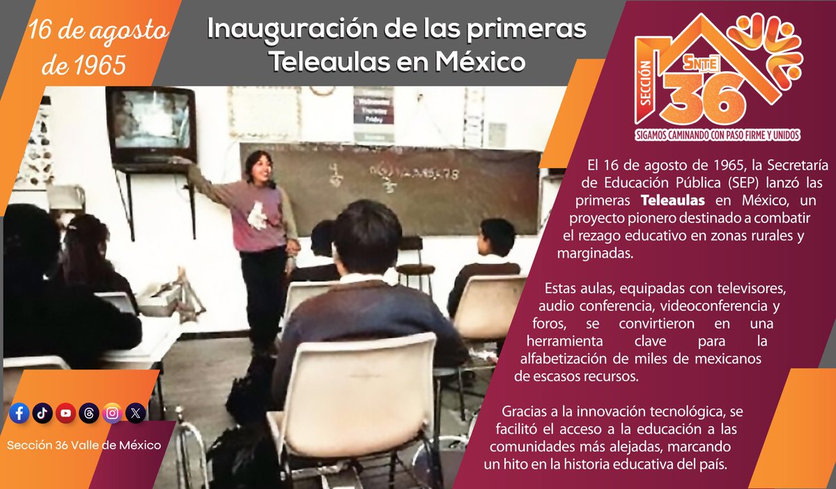 Seccion36Ofic's tweet photo. 📚✨ El 16 de agosto de 1965 nacieron las primeras Teleaulas en México, un proyecto que abrió caminos de aprendizaje en zonas rurales y marginadas.
Un paso histórico hacia la educación para todos.
#SEP #Teleaulas #Educación https://t.co/BqkcvtA1Jk