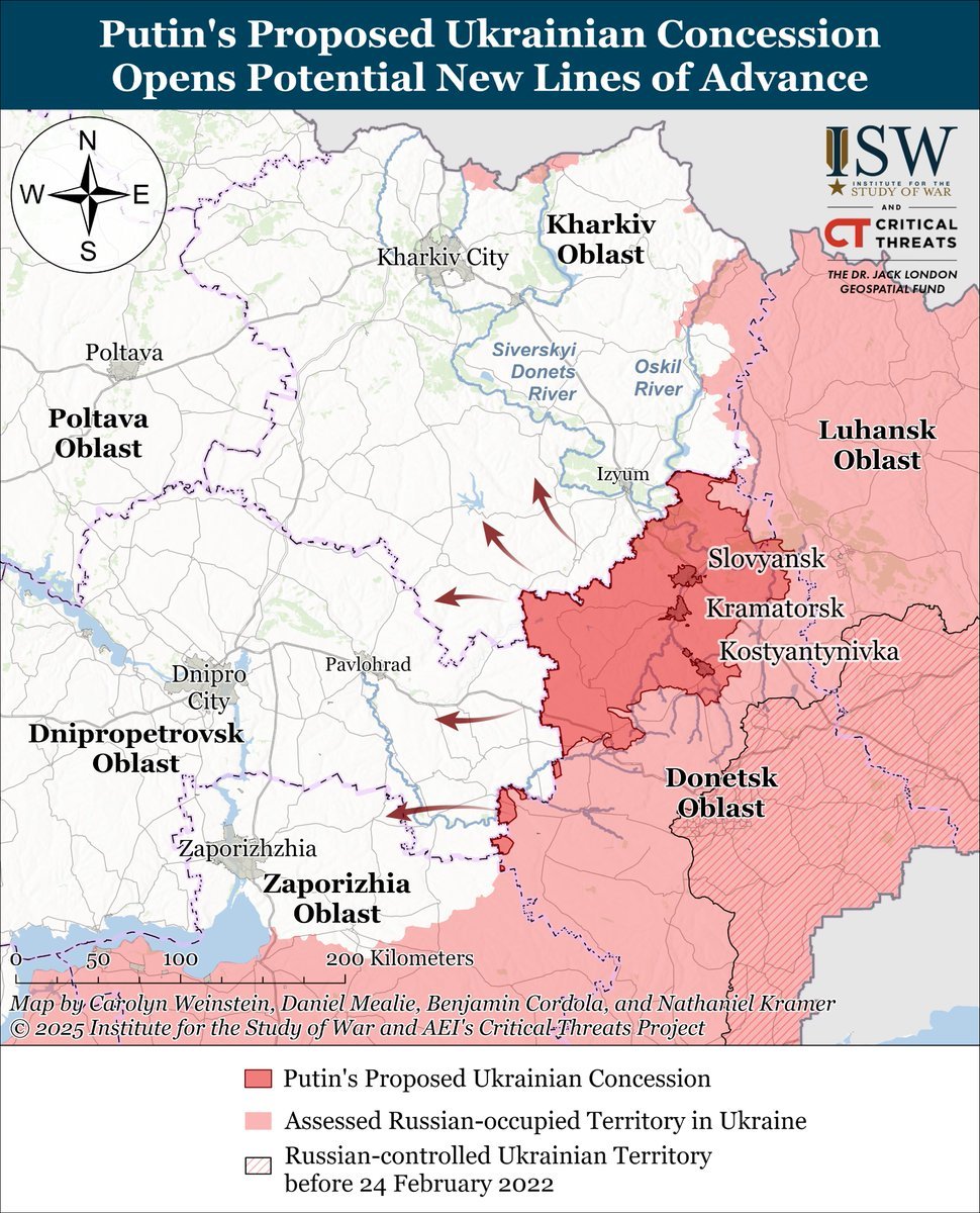 ICYMI: Surrendering the remainder of Donetsk as the prerequisite of a ceasefire w/ no commitment to a final settlement would position Russia extremely well to renew its attacks on more favorable terms, having avoided a long &amp; bloody struggle for the ground. ⬇️(1/3)

Ceding