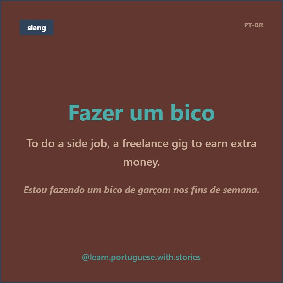 follmann_felipe's tweet photo. 📚 Fazer um bico

🇺🇸 To do a side job, a freelance gig to earn extra money.

Check more tips at: https://t.co/1oo639OMv2 📚

#LearnPortuguese #BrazilianPortuguese https://t.co/YqWngVez8b