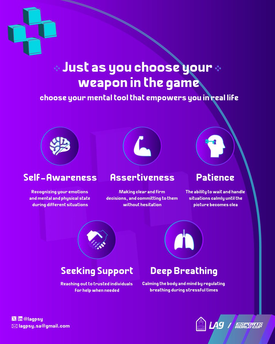 Just like a player chooses their weapon in the game, choose your mental tool that gives you strength to face the challenges of reality
Because the greatest victory starts from within💪🏼💜
#EsportsWorldCup 
#EWC2025
#LAG
#IMAMU
 #MentalHealthInGaming