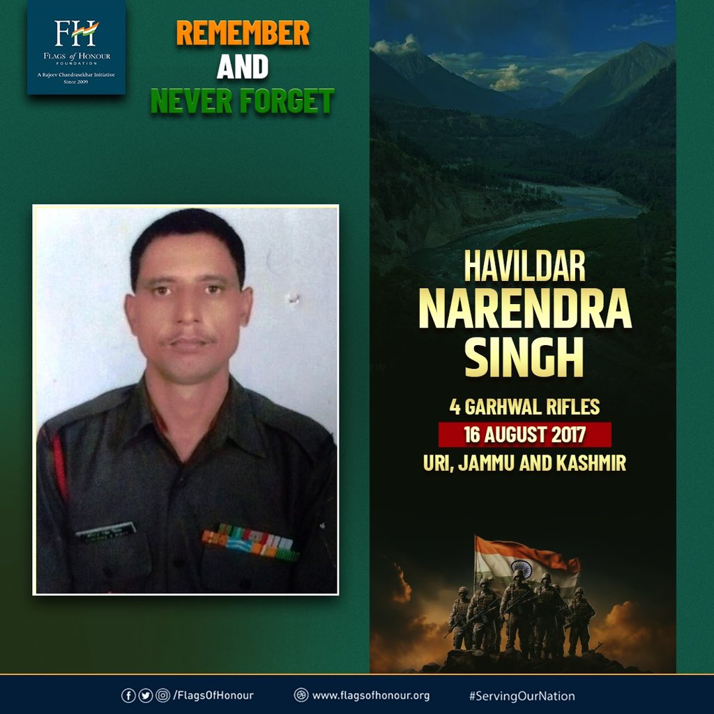 #OnThisDay 16 August 2017, Havildar Narendra Singh, 4 Garhwal Rifles, succumbed to injuries sustained on 7 August during a ceasefire violation by Pakistan in Uri Sector, J&amp;K.

#RememberAndNeverForget his supreme sacrifice #ServingOurNation