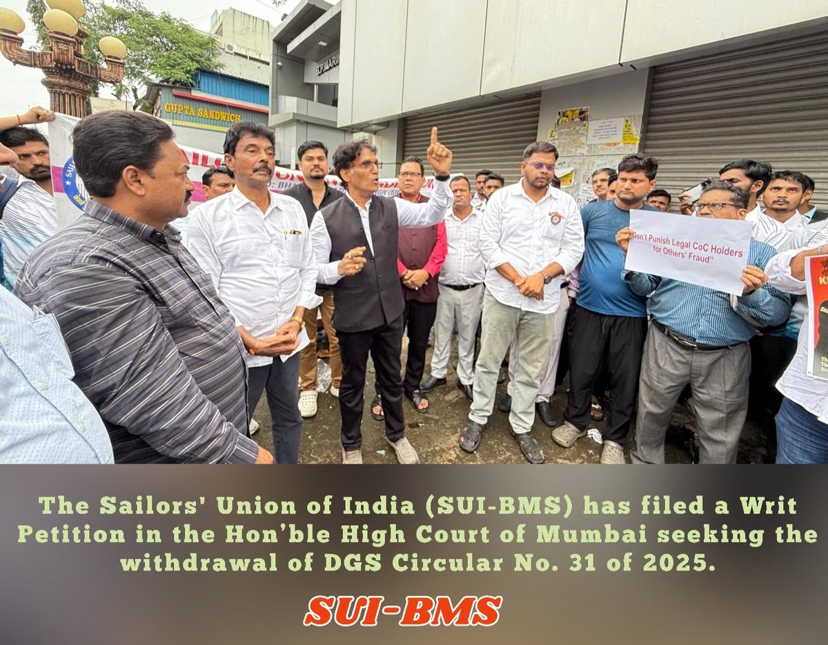 sui_union's tweet photo. SUI-BMS has officially filed a Writ Petition in the Hon’ble High Court of Mumbai challenging the DGS Circular No. 31 of 25 which negatively affects thousands of Indian seafarers #SUIBMS  #SeafarersRights #DGSCircular31 #MaritimeIndia #SeafarersWelfarre https://t.co/NfJiqW13Ml