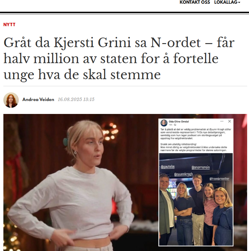 espenteigen's tweet photo. Dette er helt vilt. Influenser Øyunn Krogh, mest kjent for å gråte da Kjersti Grini sa «negerku» på Farmen, er hyret inn av valgdirektoratet til den nette sum av 550.000 kroner for å fortelle unge hva de skal stemme. 

Samtidig er hun debattant for venstresiden. https://t.co/weAJPZ7dLS