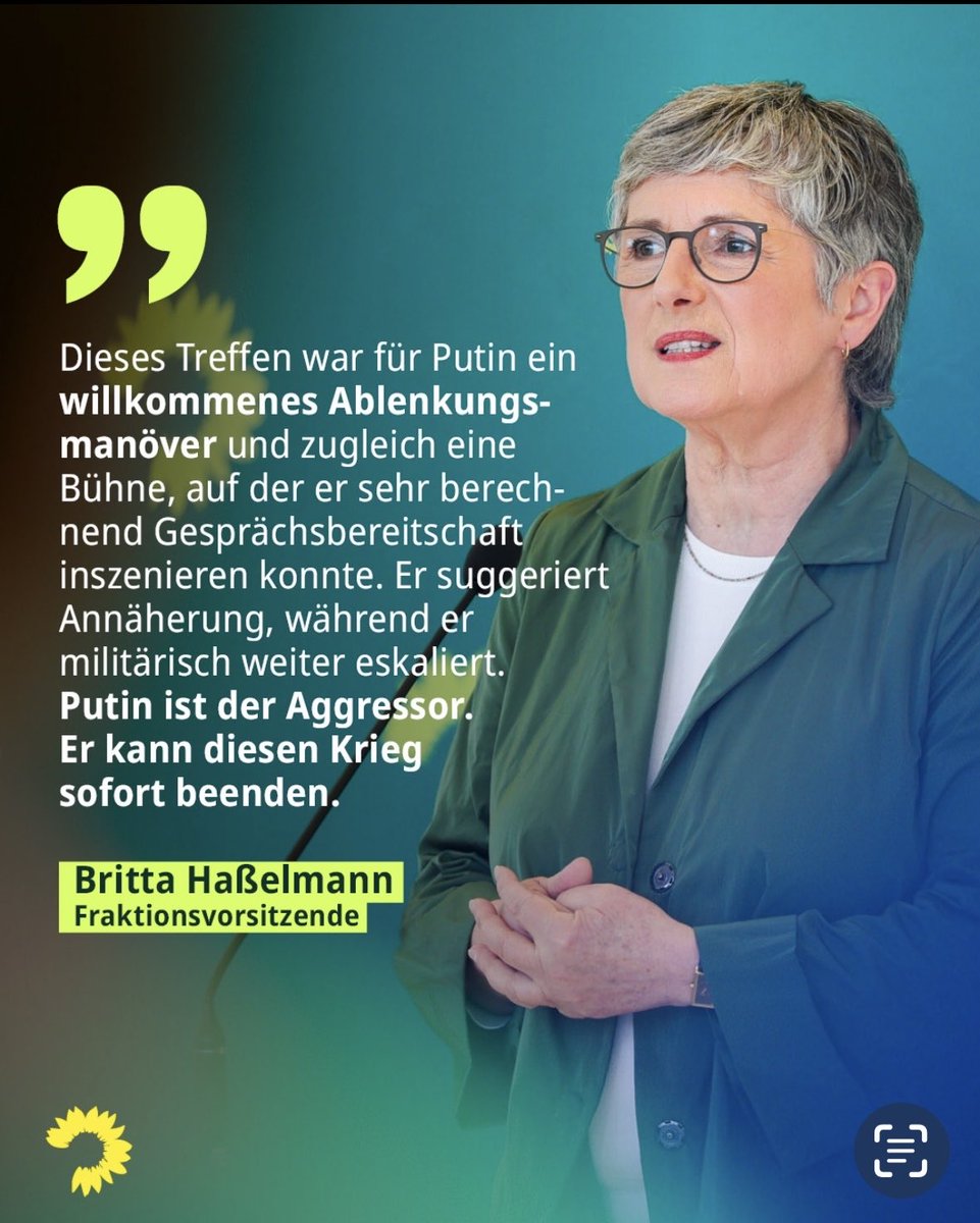 Britta Haßelmann (@brihasselmann) on Twitter photo Während wir das Ergebnis der Scheinverhandlungen zwischen Trump & Putin deuten, gehen brutale Angriffe auf die ukrainische Bevölkerung weiter.
Putin ist der Aggressor. Er kann diesen Krieg sofort beenden. <a href="/GrueneBundestag/">Grüne im Bundestag 🇪🇺🏳️🌈</a> #StandWithUkraine Während wir das Ergebnis der Scheinverhandlungen zwischen Trump & Putin deuten, gehen brutale Angriffe auf die ukrainische Bevölkerung weiter.
Putin ist der Aggressor. Er kann diesen Krieg sofort beenden. <a href="/GrueneBundestag/">Grüne im Bundestag 🇪🇺🏳️🌈</a> #StandWithUkraine