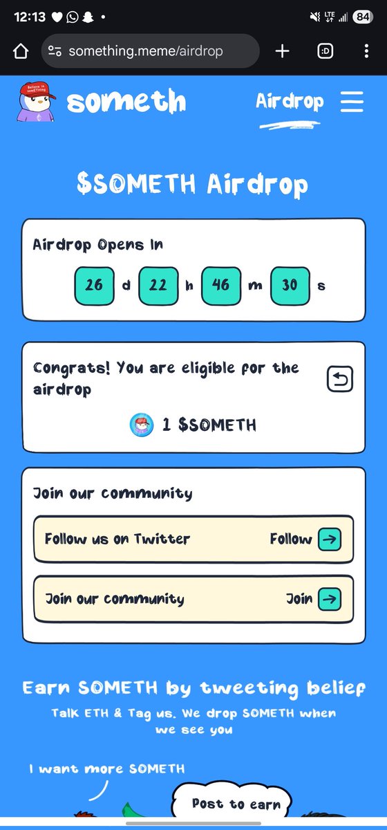 Nihon_nerd's tweet photo. This is my post to earn and I got just 1 ☹️

🚨 $SOMETH @somethingcult AIRDROP 🦾
90% for the $ETH community 🔥
Check &amp; claim now 👉 https://t.co/bvc1J3SXnO

#ETH #Airdrop #SOMETH https://t.co/FPwV75LnRa