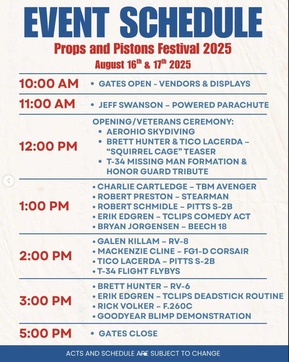Good morning! Ready to plan your day at the 2025 Props and Pistons Festival? Here’s when to catch all your favorite performances!