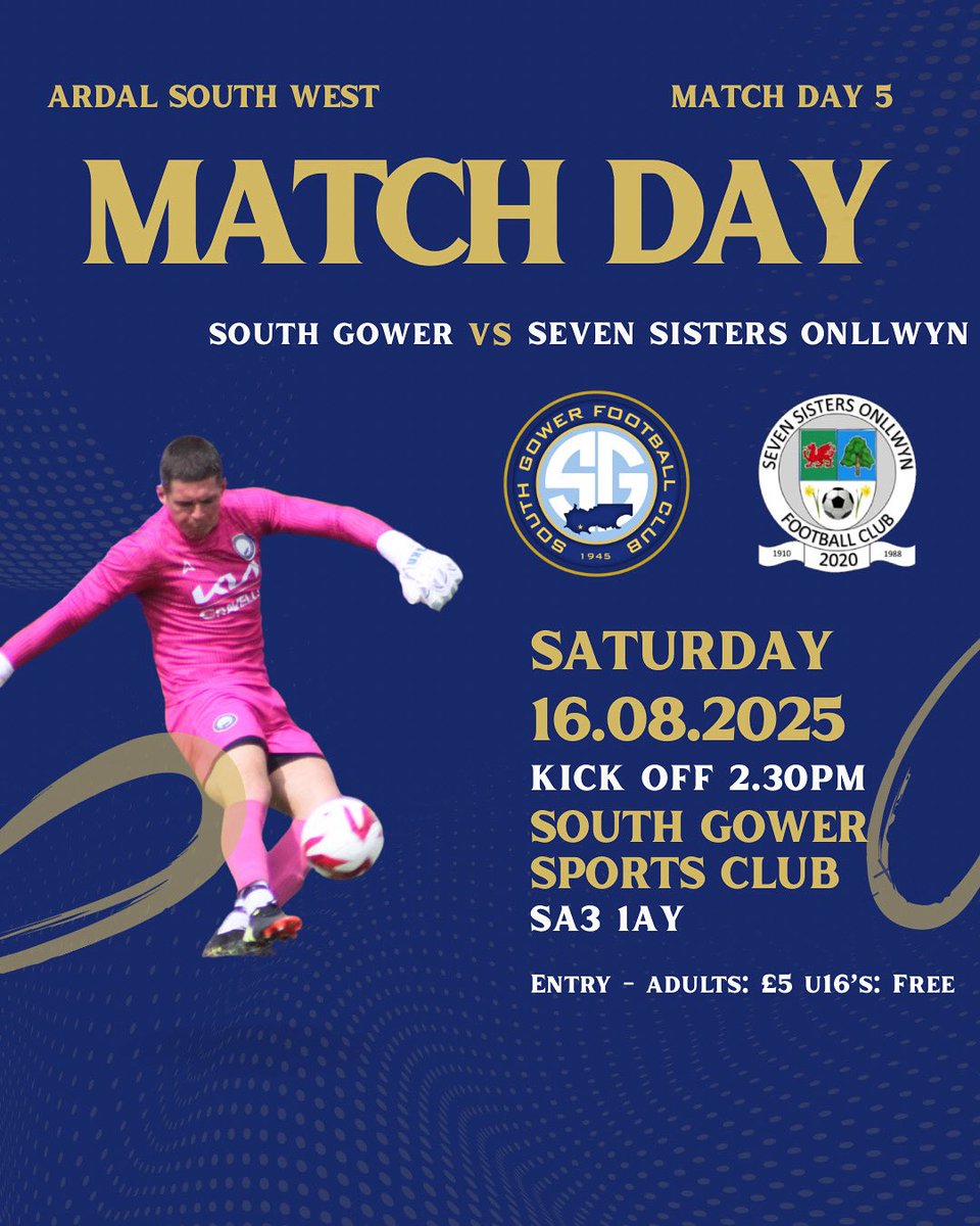 SouthGowerFC's tweet photo. MATCH DAY!! 

Home match against @sevensistersonllwyn 

⏰ KO 1430
📍 South Gower Sports Club, Scurlage. 

💴 Adults £5
💴 Under 16s free. https://t.co/k2xpi41C30