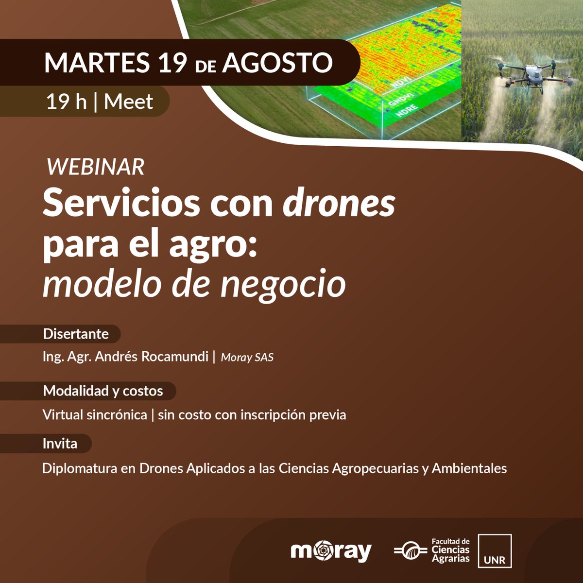 Webinar "Servicios con drones para el agro: MODELO DE NEGOCIO"
📝Disertante: Ing. Agr. Andrés Rocamundi (Moray SAS)
📅 Martes 19 de agosto - 19 hs
💻 Modalidad: por Meet
📍Invita: Diplo en #Drones para el Agro y el Ambiente (UNR)
ℹ️ Inscripciones: forms.gle/ibL1XB7fBhDVnr…
