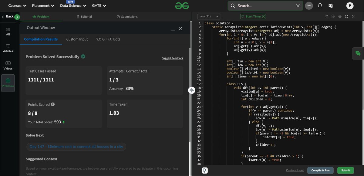 TechNerd_pranay's tweet image. Day 146 of GFG 160 - 160 Days of Problem Solving! Problem Solved: Articulation Point - II.
@geeksforgeeks #gfg160 #geekstreak2025 #CodingJourney #LearnInPublic #letsconnect