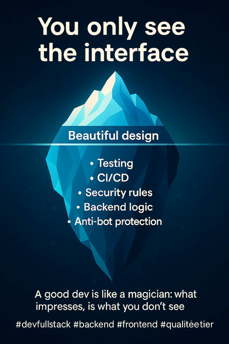 GangloffEddy's tweet image. 💻 “Ton site est beau.”
Oui, mais tu ne vois que l’interface.
🧠 En dessous :
• tests
• CI/CD
• sécurité
• backend
• anti-bot…
Un bon dev, c’est un magicien :
👉 ce qui compte, c’est ce qu’on ne voit pas.
#DevFullstack #Backend #Frontend #DevLife #Code