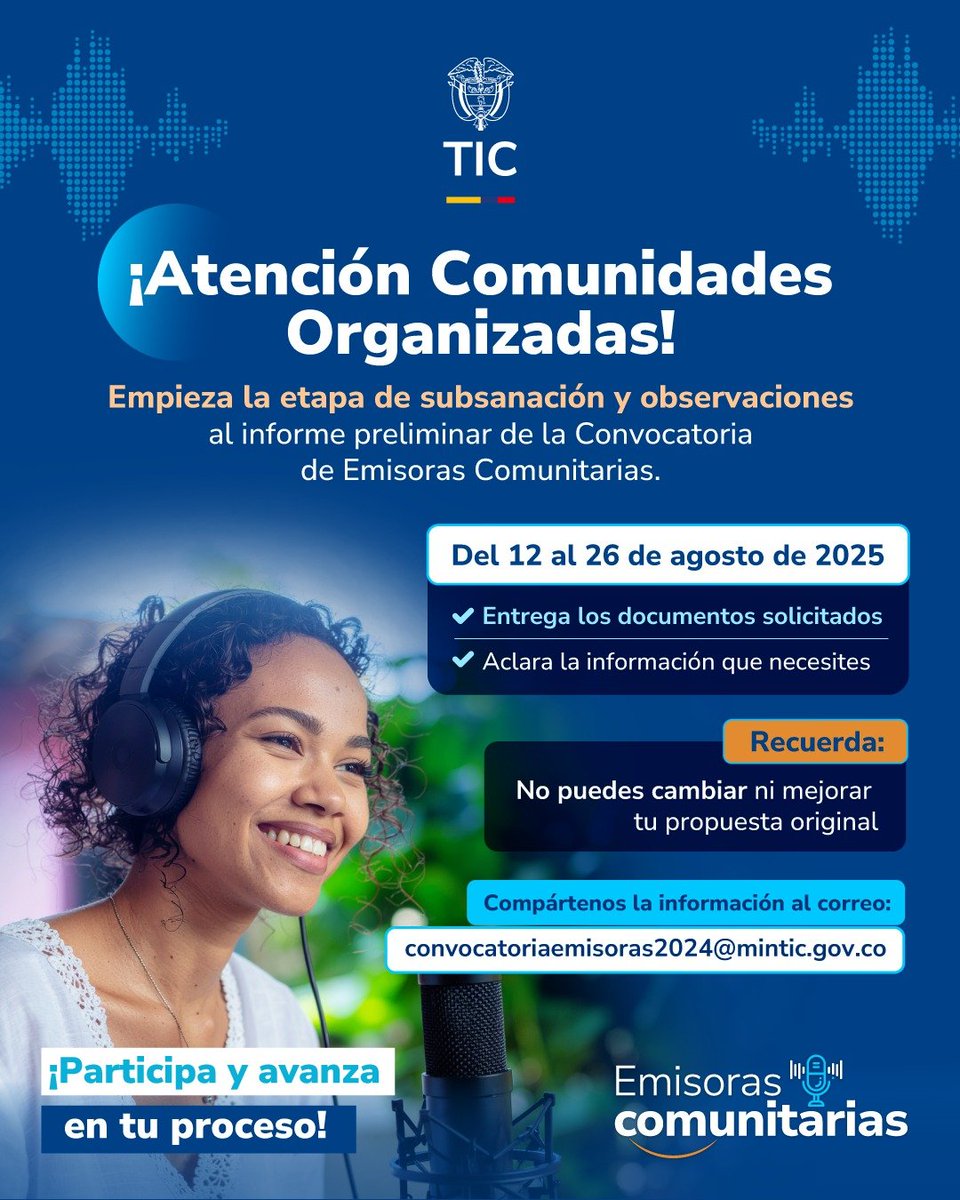 🎙️La voz de las comunidades impulsa la radio🎙️

Cada vez son más las comunidades que se suman a la Convocatoria de Emisoras Comunitarias. 

Conoce cómo avanza el proceso aquí 👉 mintic.gov.co/portal/inicio/…